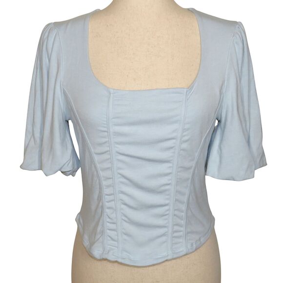 OGL Tops - OGL Light Blue Soft Stretchy Corset Look Balloon Sleeve Top Size XL